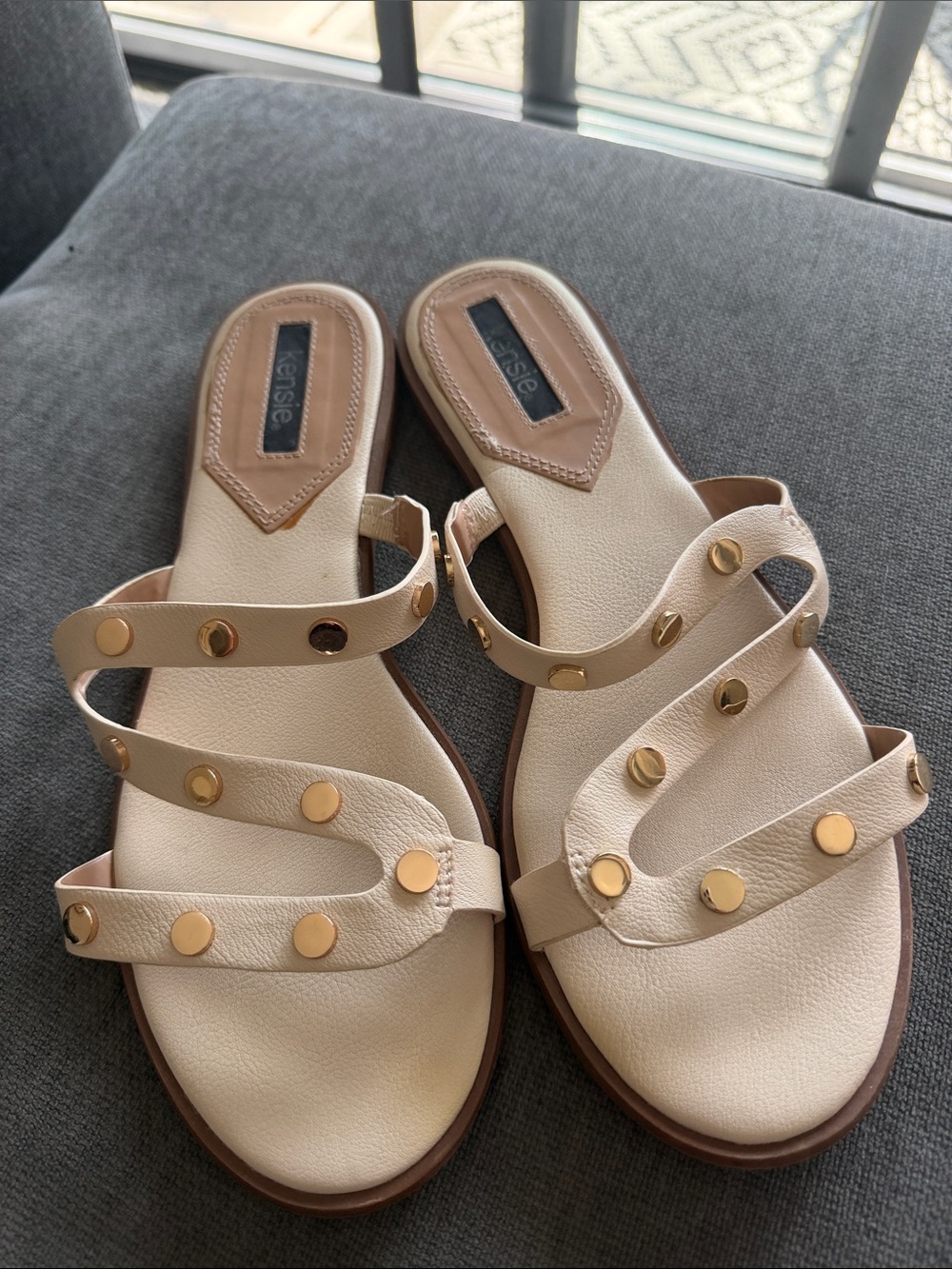 Kensie Nude Leather Slide Sandals with Gold Studs